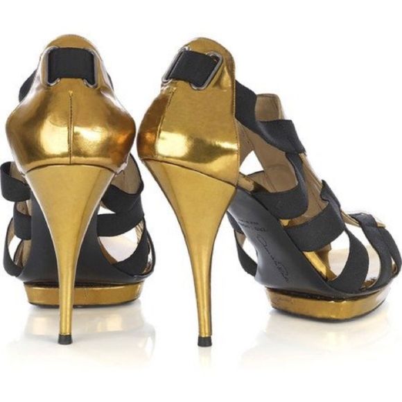 Oscar de la Renta Black Gold Leather Heels 9.5 - Picture 2 of 6